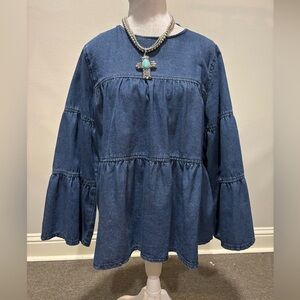 Cute Denim Swing Top Blouse Tiered Ruffle Flare Sleeves S